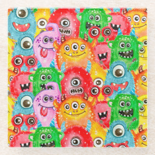 Funny Monsters, Aquarellfarben Nahtloses Muster. Glasuntersetzer