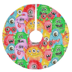 Funny Monsters, Aquarellfarben Nahtloses Muster. Polyester Weihnachtsbaumdecke