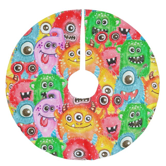 Funny Monsters, Aquarellfarben Nahtloses Muster. Polyester Weihnachtsbaumdecke (Vorderseite)