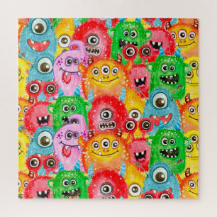 Funny Monsters, Aquarellfarben Nahtloses Muster. Puzzle
