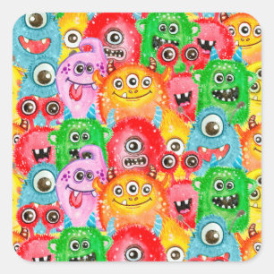 Funny Monsters, Aquarellfarben Nahtloses Muster. Quadratischer Aufkleber