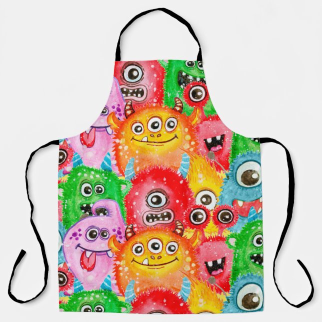 Funny Monsters, Aquarellfarben Nahtloses Muster. Schürze (Vorderseite)