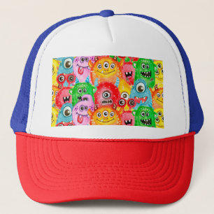 Funny Monsters, Aquarellfarben Nahtloses Muster. Truckerkappe