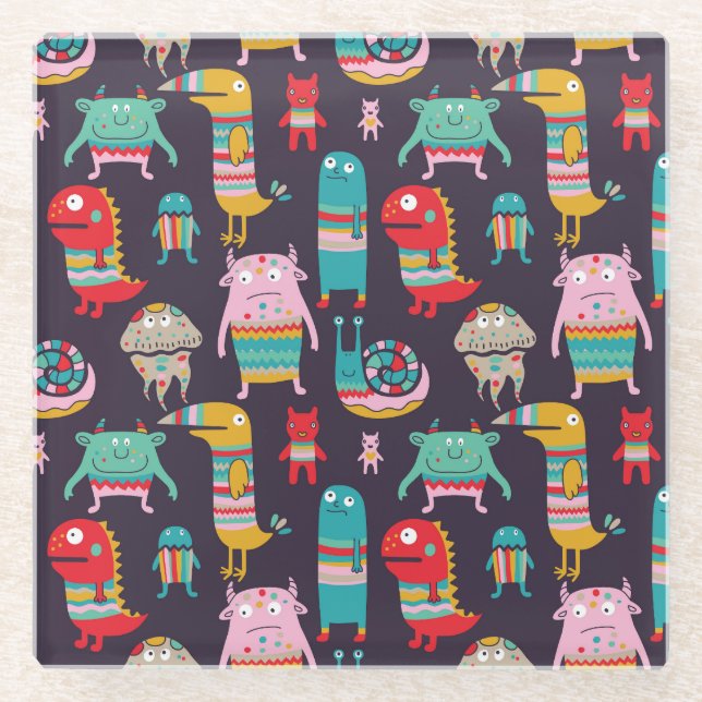 Funny Monsters Cartoon Nahtloses Muster Glasuntersetzer (Vorderseite)