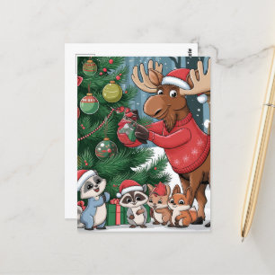 Funny Moose Dekorieren des Weihnachtsbaum-Cartoon Postkarte