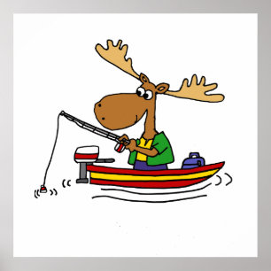 Funny Moose Fishing Cartoon Poster