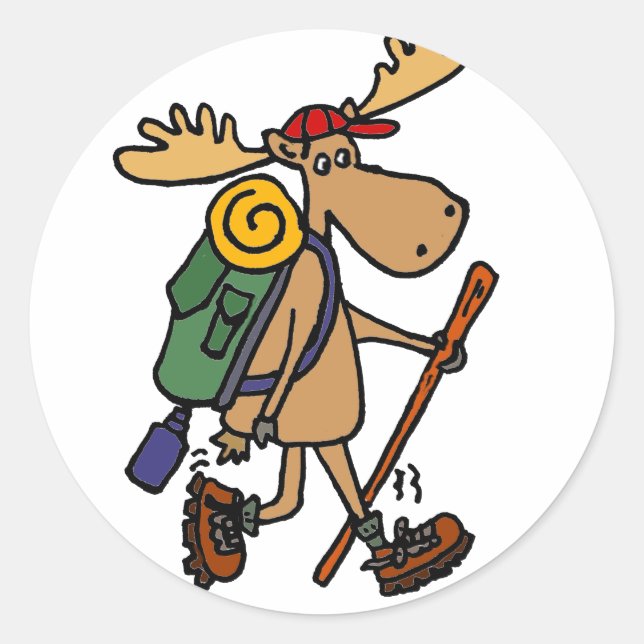 Funny Moose Hiker Runder Aufkleber (Vorderseite)
