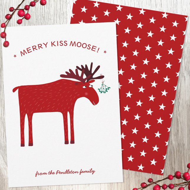 Funny Moose Holiday Card Feiertagskarte (Merry Kiss Moose fun elk Christmas holiday postcard)