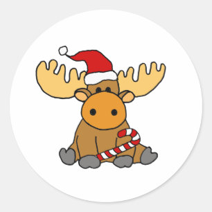 Funny Moose in Santa hat Christmas Cartoon Runder Aufkleber