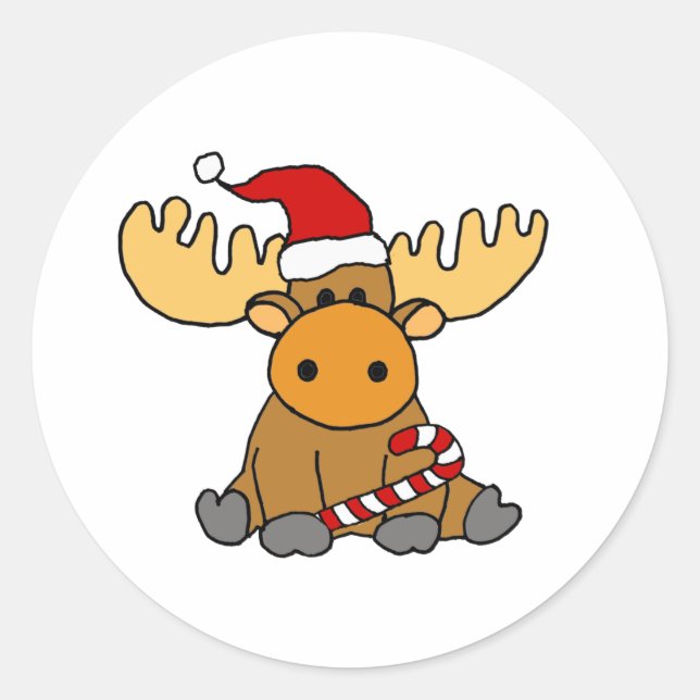 Funny Moose in Santa hat Christmas Cartoon Runder Aufkleber (Vorderseite)