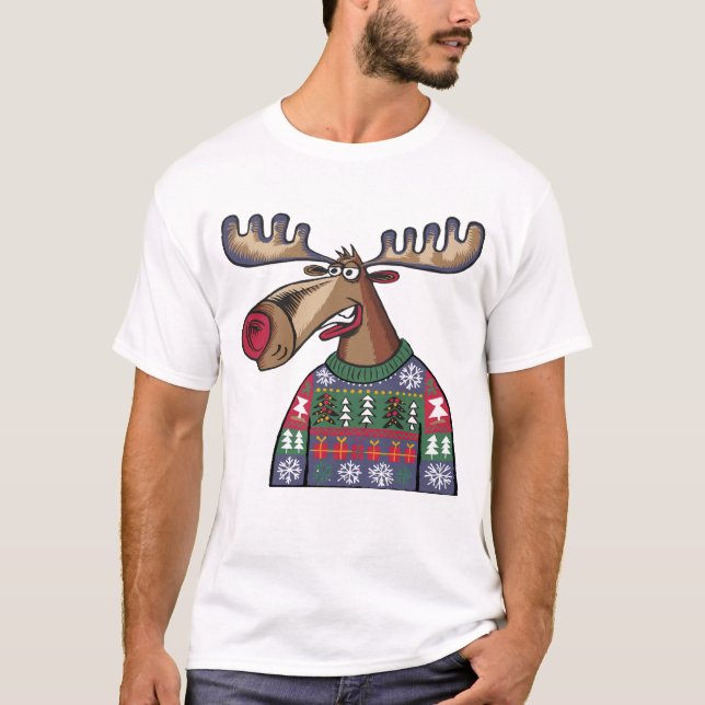 Funny Moose mit Ugly Christmas Sweater T-Shirt (Vorderseite)