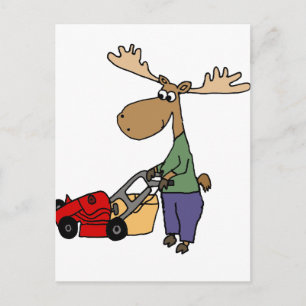 Funny Moose Mowing Lawn Cartoon Postkarte