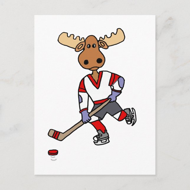 Funny Moose Playing Ice Hockey Cartoon Postkarte (Vorderseite)