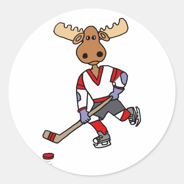 Funny Moose Playing Ice Hockey Cartoon Runder Aufkleber (Vorderseite)