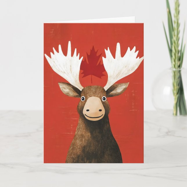 Funny Moose Red Leaf Feiertagskarte (Vorderseite)
