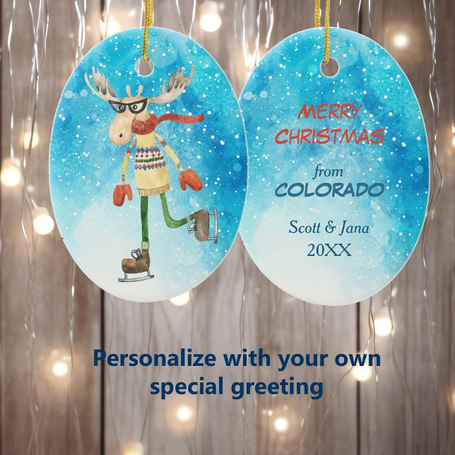 Funny Moose Skater Colorado Weihnachten Keramik Ornament (Von Creator hochgeladen)