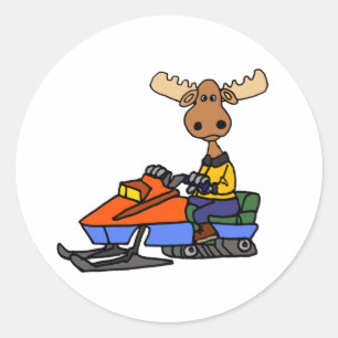 Funny Moose Snowmobiling Runder Aufkleber