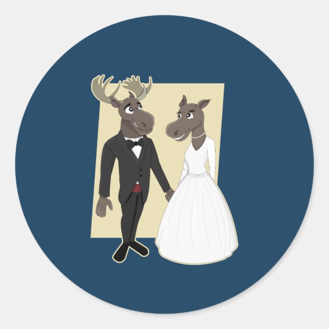 Funny Moose Wedding Cartoon Runder Aufkleber (Vorderseite)