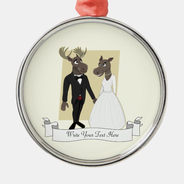 Funny Moose Wedding Cartoon Silbernes Ornament (Vorne)