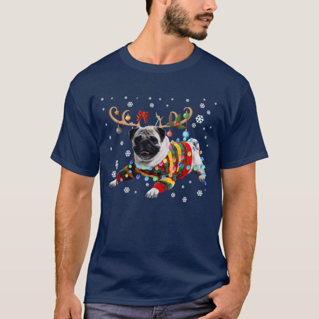 Funny Mops Dog Christmas Rein Weihnachtsleuchter M T-Shirt (Vorderseite)