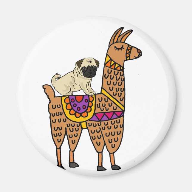 Funny Mops Dog Riding Llama Cartoon Magnet (Vorne)