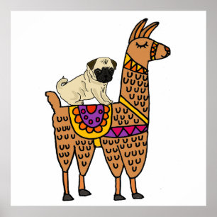 Funny Mops Dog Riding Llama Cartoon Poster