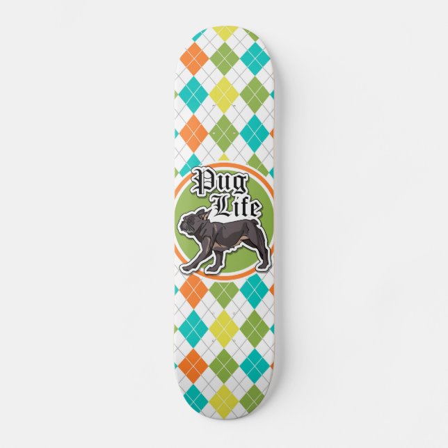 Funny Mops; farbenfrohe Raute Muster Skateboard (Vorderseite)