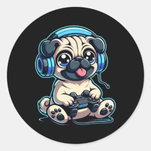 Funny Mops Gamer Dog Gaming Mops Möpsen Videospiel Runder Aufkleber