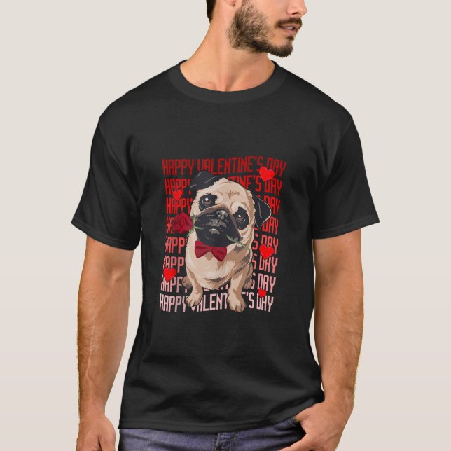 Funny Mops Hund mit Red Hearts Happy Valentines Da T-Shirt (Vorderseite)