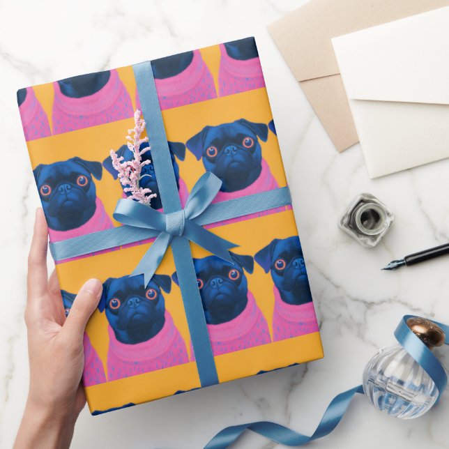 Funny Mops Orange und Pink Geschenkpapier (Schenken)