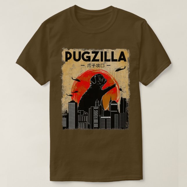 Funny Mops , Pugzilla , Funny Dog Mops T-Shirt (Design vorne)