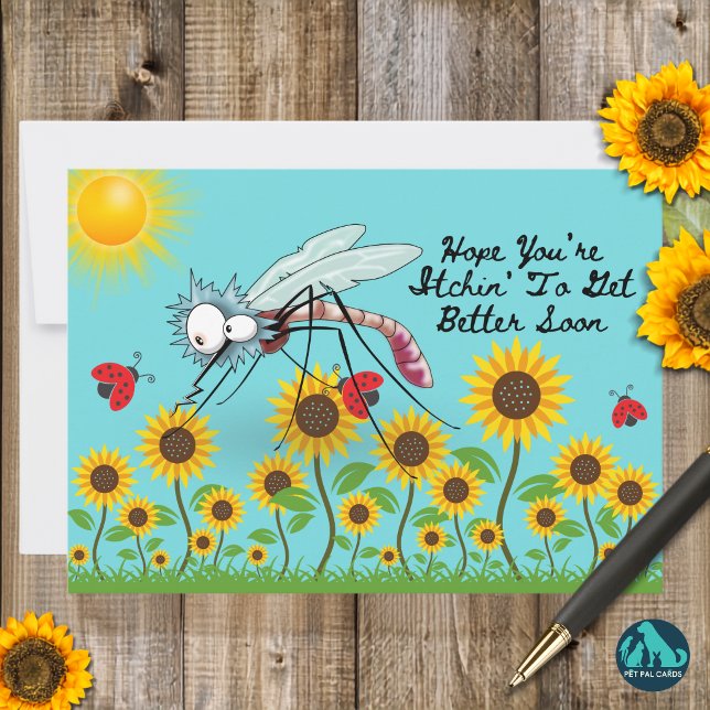 Funny Moskito wird bald besser Feiertagskarte (A mosquito delivering smiles instead of itchy bites. 🦟💛 Get well soon!)