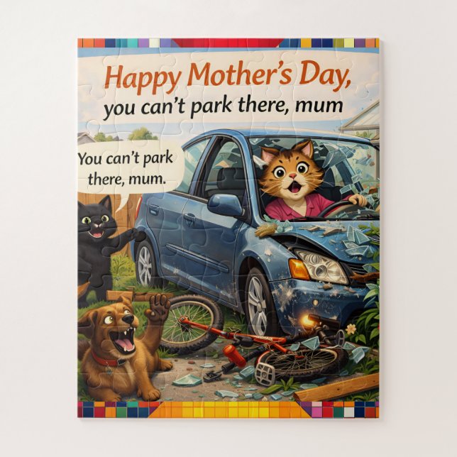 Funny Mother's Day jigsaw puzzle cat dog car crash (Vertikal)