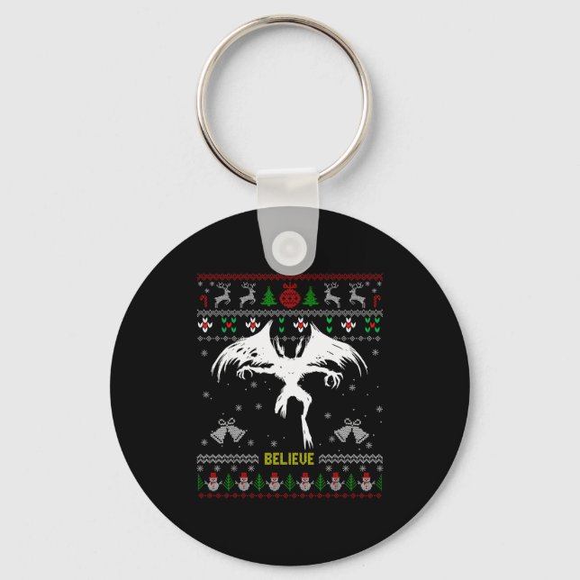 Funny Mothman Ugly Christmas Sweater Believe Crypt Schlüsselanhänger (Vorderseite)