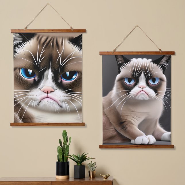 Funny Mr. und Mrs. Angry Cats Wandteppich Mit Holzrahmen (Asymmetrisch)