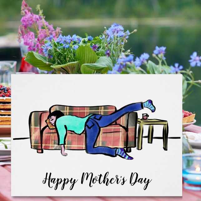 Funny Mthers Day Mama Asleep (Funny happy Mother’s Day holiday greetings card with mom asleep on the sofa illustration )