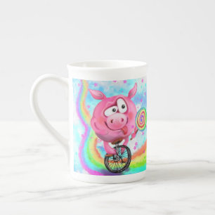 Funny Mug Circus Acrobat Pig Cyclist mit Lollipop Prozellantasse