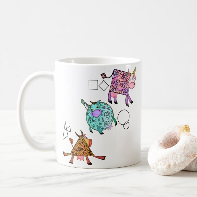Funny Mug mit farbenfrohen geometrischen Kühen fli Kaffeetasse (Mit Donut)