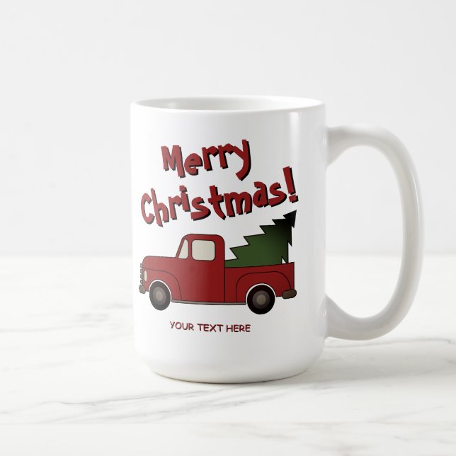 Funny mug with old red truck and Christmas tree Kaffeetasse (Rechts)
