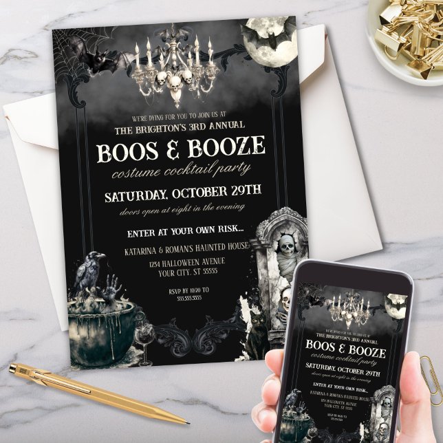 Funny Mummy Bats Halloween Boos & Booze Party Einladung (Halloween boos and booze party invitation with mummy skeleton bats and raven)
