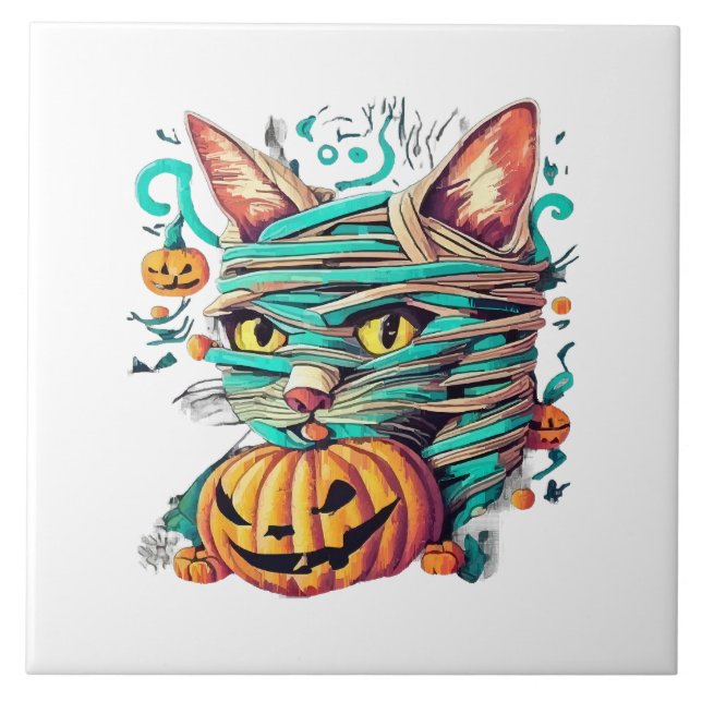 Funny Mummy Cat Halloween Fliese (Vorderseite)