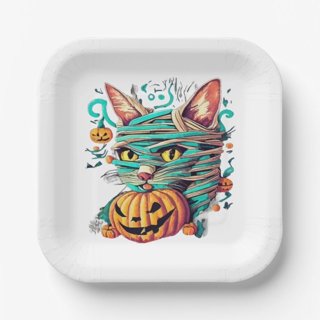 Funny Mummy Cat Halloween Pappteller (Vorderseite)