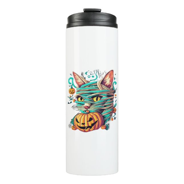 Funny Mummy Cat Halloween Thermosbecher (Vorderseite)