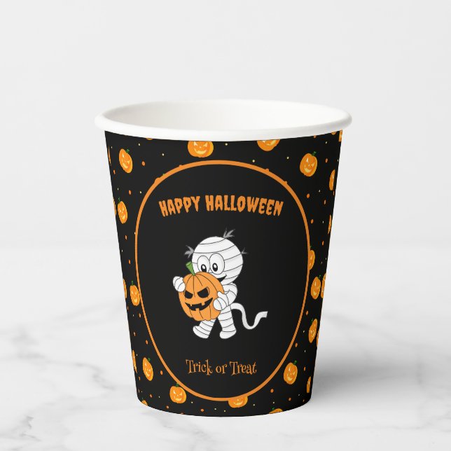 Funny Mummy Walking mit Pumpkin Halloween-Party Pappbecher (Vorderseite)