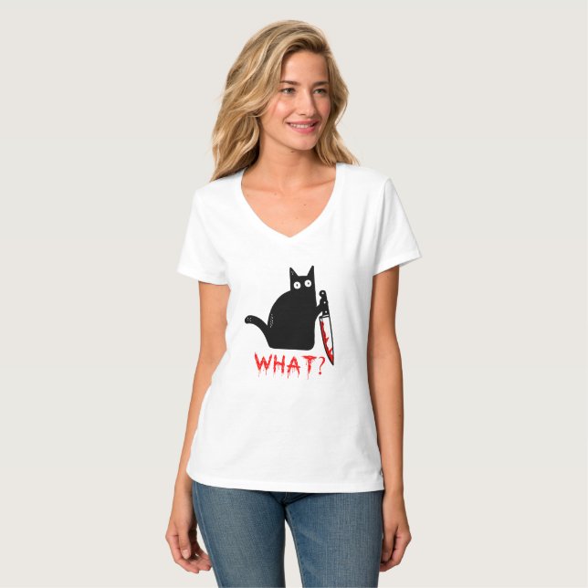 Funny Murderous Black Cat Was? Haltemesser T-Shirt (Vorderseite Vollansicht)