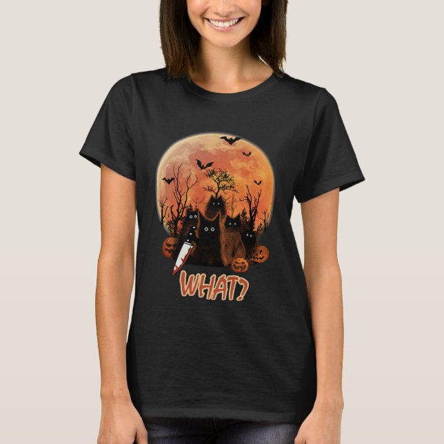 Funny Murderous Black Cat with Knife Halloween Cos T-Shirt (Vorderseite)