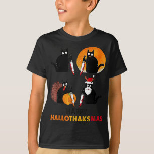 Funny Murderous Cat Turkey Hallo-Danksagungen Than T-Shirt