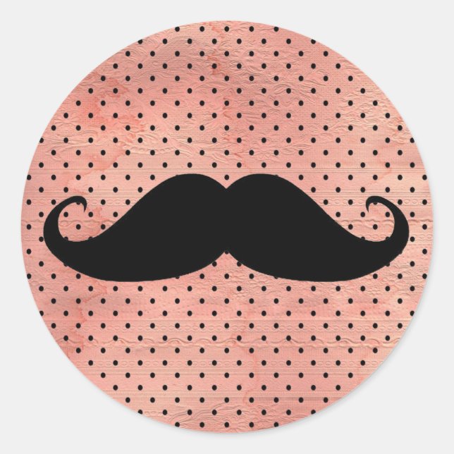 Funny Mustache auf Niedlichem rosa Polka Dot Hinte Runder Aufkleber (Vorderseite)
