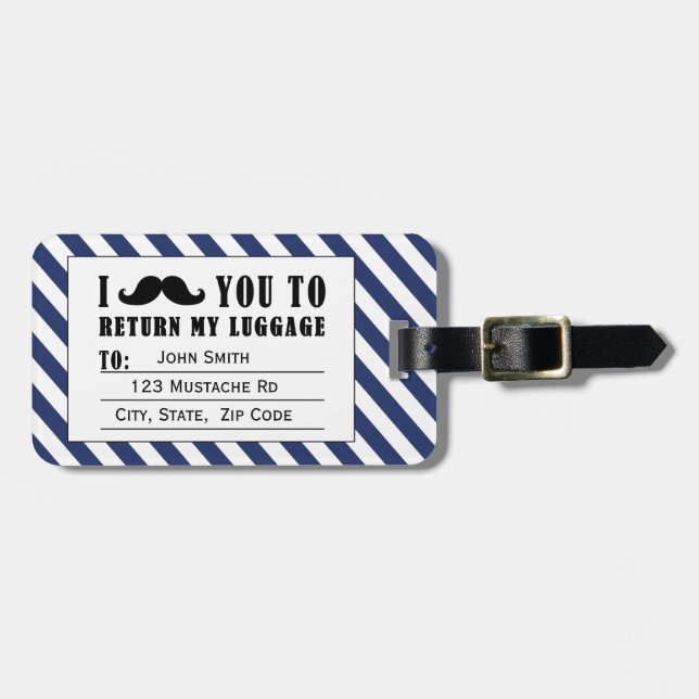 FUNNY MUSTACHE LUGGAGE TAG | BLUE STRIPES GEPÄCKANHÄNGER (Vorderseite horizontal)