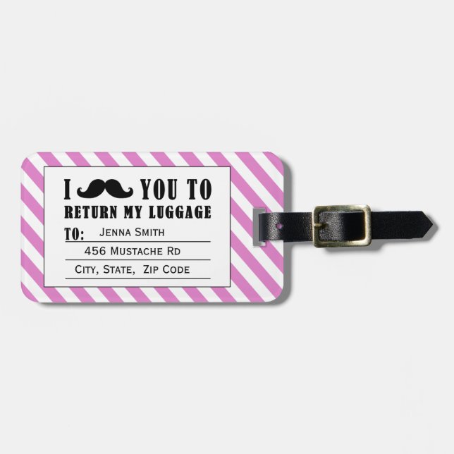 FUNNY MUSTACHE LUGGAGE TAG | PINK STRIPES GEPÄCKANHÄNGER (Vorderseite horizontal)